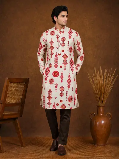 Off-White Geometric Mandala Printed Party Kurta