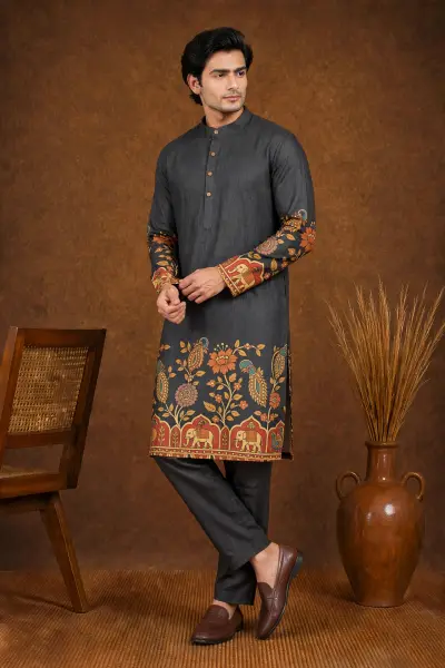 Charcoal Dark Grey Peacock Elephant Border Printed Party Kurta