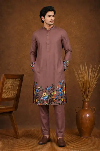 Dusty Mauve Floral Tree Border Printed Party Kurta