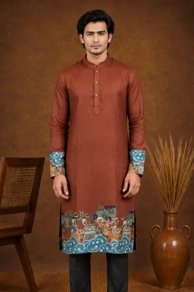 Rust Terracotta Temple Mural Fish Border Printed Party Kurta