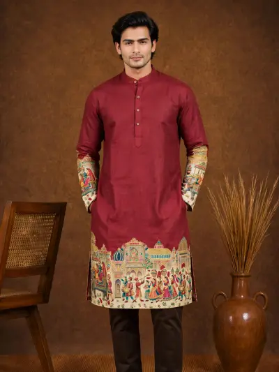Maroon Red Baraat Palace Elephant Printed Party Kurta
