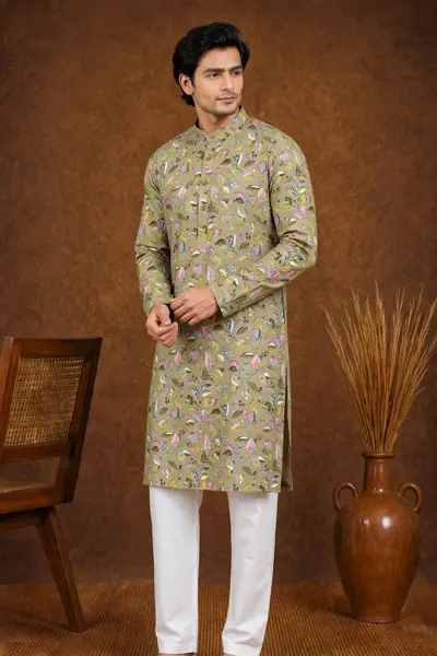 Sage Olive Leaf All Over Printed Party Kurta