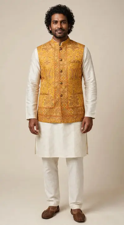 Golden Yellow Jamawar Waistcoat
