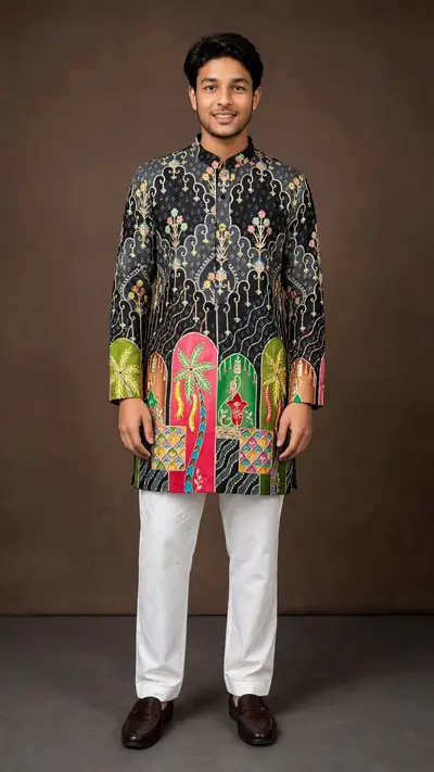 Black Multi Tiny Floral Sequin Party Wear Short Kurta Set