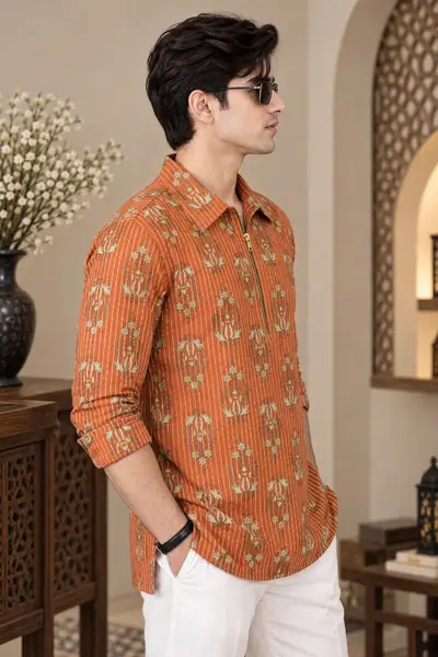 Muslin Zipper Shirt -  Rust Orange Pinstripe view 1