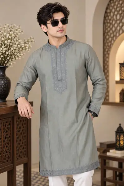 Linen Embroidered Kurta - Sage Grey
