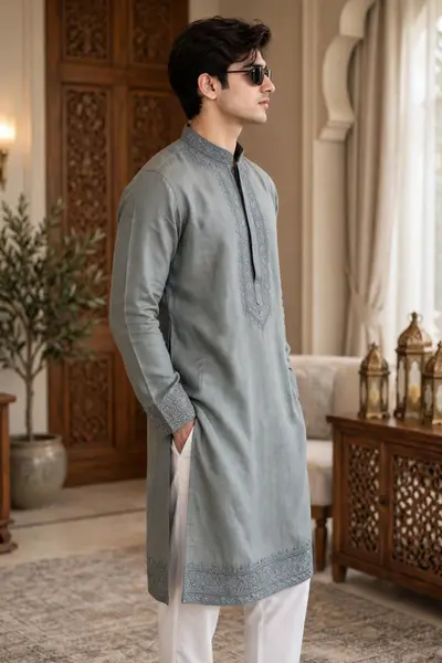 Linen Embroidered Kurta - Sage Grey view 3