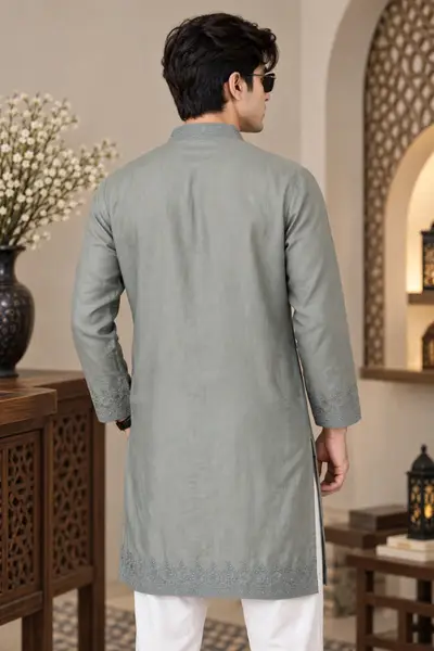 Linen Embroidered Kurta - Sage Grey view 2