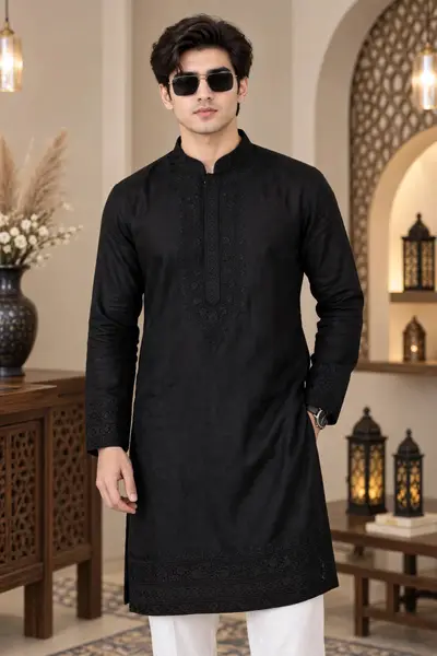 Linen Embroidered Kurta - Pure Black