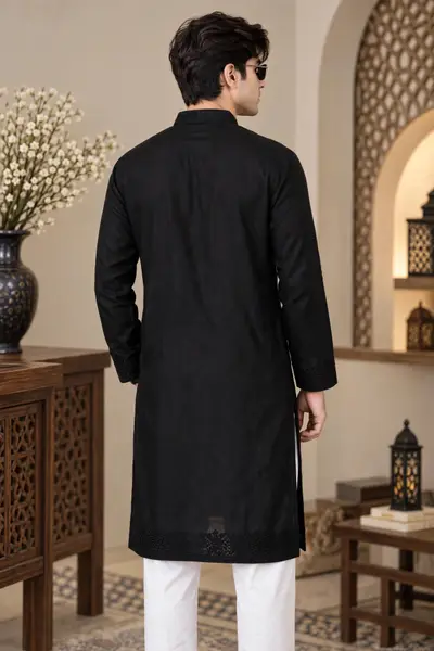 Linen Embroidered Kurta - Pure Black view 2