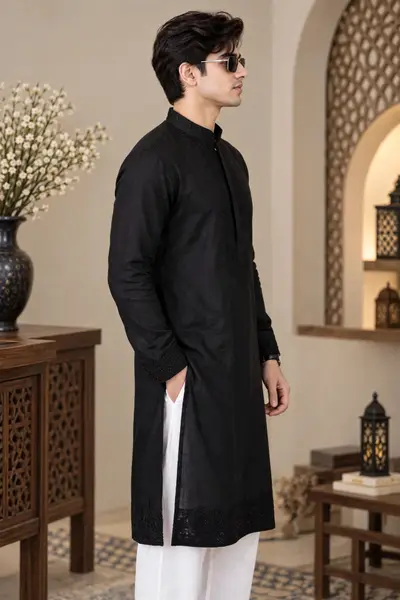 Linen Embroidered Kurta - Pure Black view 3