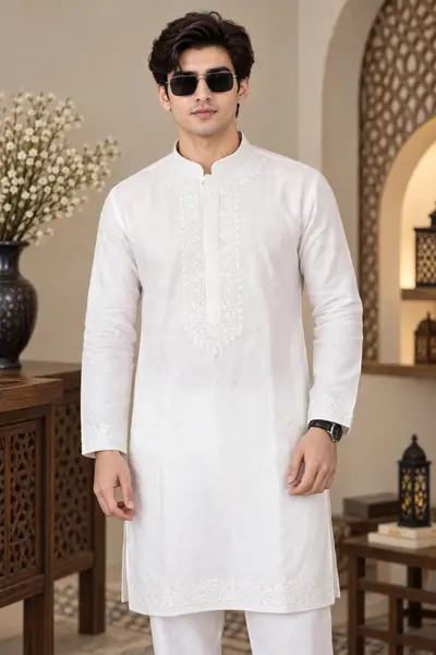 Linen Embroidered Kurta - Pure White