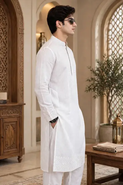 Linen Embroidered Kurta - Pure White view 2