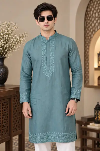 Linen Embroidered Kurta - Sea Green