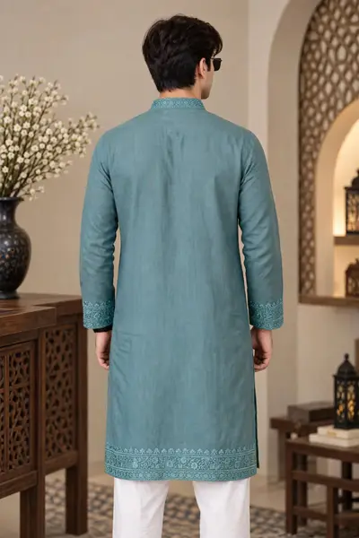 Linen Embroidered Kurta - Sea Green view 2