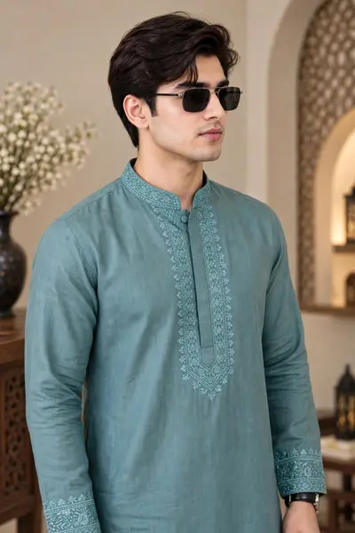 Linen Embroidered Kurta - Sea Green view 3