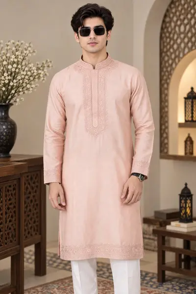 Linen Embroidered Kurta - Rose Gold
