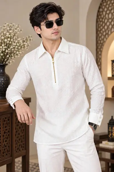 Muslin Zipper Shirt - White Basketweave view 1