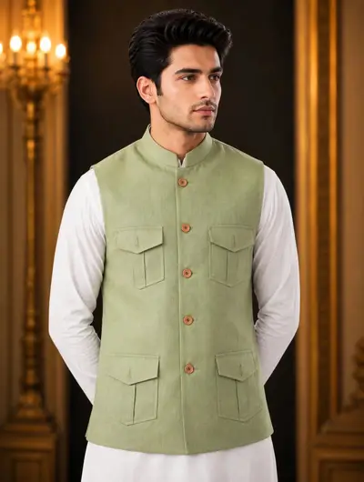 4 Pocket Linen Waistcoat - Guava Green