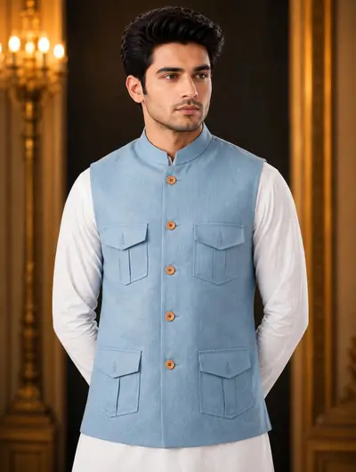 4 Pocket Linen Waistcoat - Sky Blue