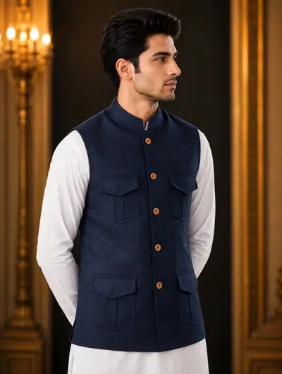 4 Pocket Linen Waistcoat - Navy Blue