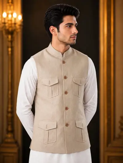 4 Pocket Linen Waistcoat - Dusty Biege