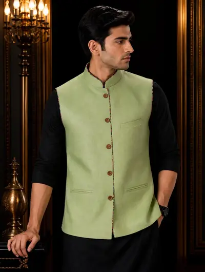 Linen Piping Waistcoat - Guava Green