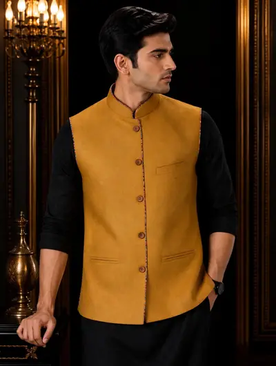 Linen Piping Waistcoat - Mustard