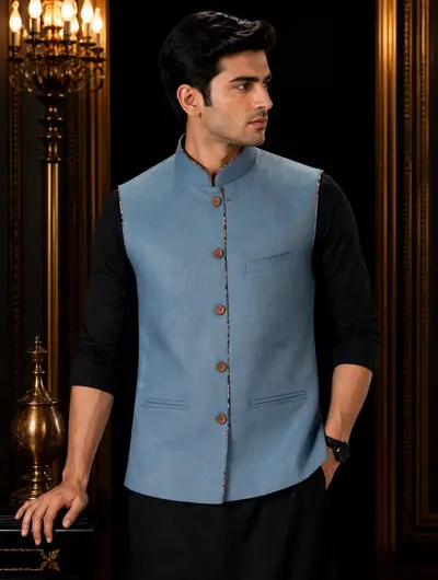 Linen Piping Waistcoat - Dusty Blue