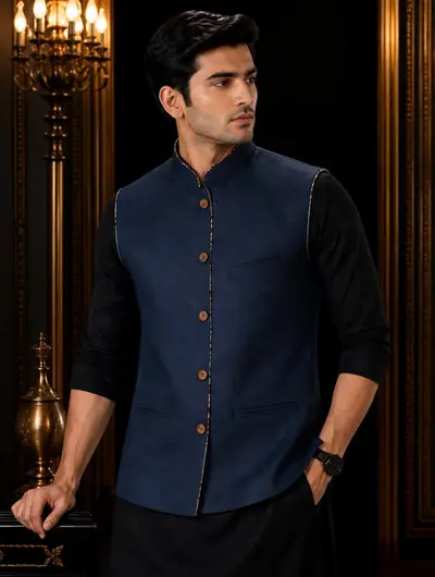 Linen Piping Waistcoat - Navy Blue