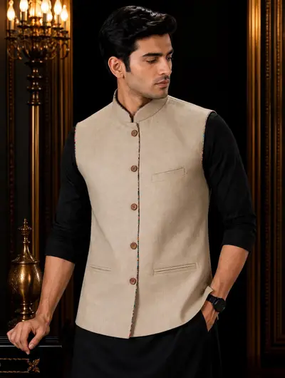 Linen Piping Waistcoat - Biege