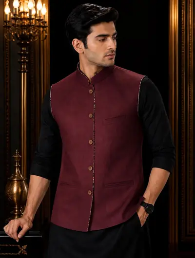 Linen Piping Waistcoat - Burgundy