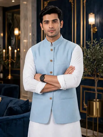 Thread Linen Waistcoat - Sky Blue