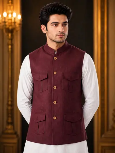 4 Pocket Linen Waistcoat - Burgundy