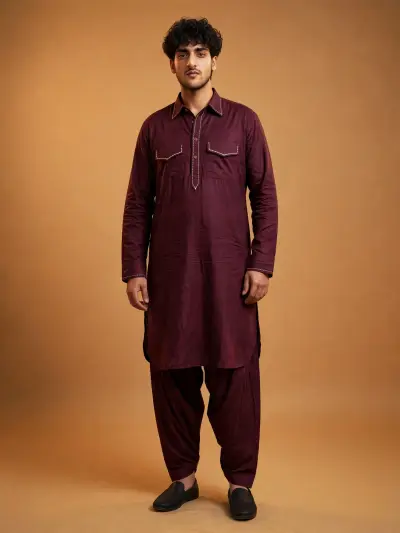 Pathani Kurta Salwar Set - WINE BURGUNDY
