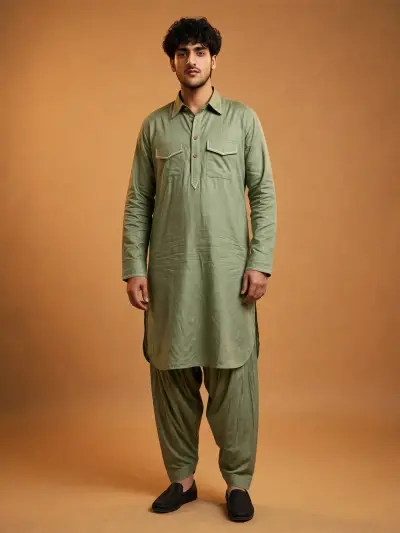 Pathani Kurta Salwar Set - Sage Olive Green