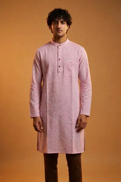 Print Kurta -  Pink White Horizontal Stripe