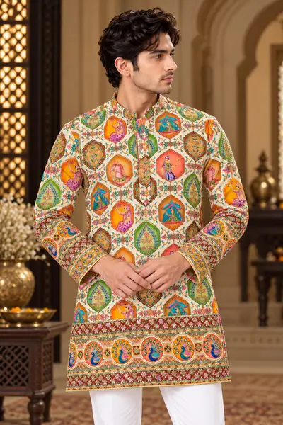 Crape Embroidered Kurta - Beige Tiled