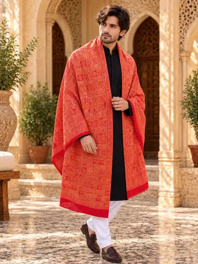 Shawl - Vibrant Red & Gold