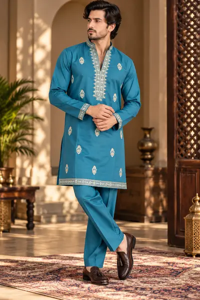 V Neck Embroidered Kurta - Teal Blue