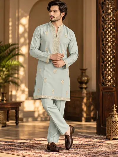 V Neck Embroidered Kurta - Sky Blue
