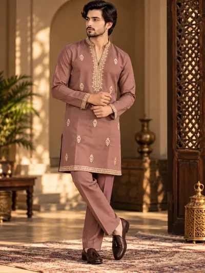 V Neck Embroidered Kurta - Brown Onion