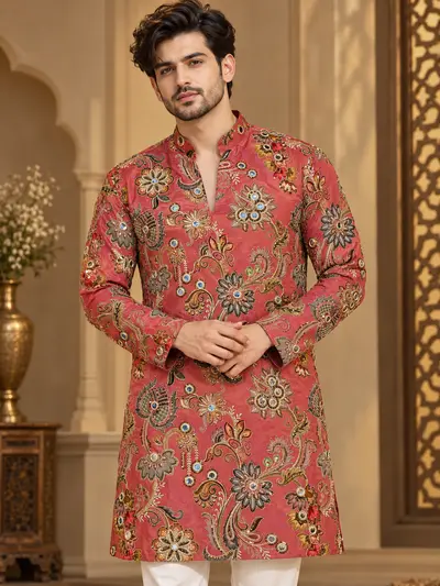 Crape Embroidered Kurta - Red Rich Floral