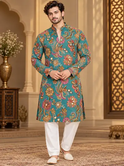 Crape Embroidered Kurta - Teal Floral