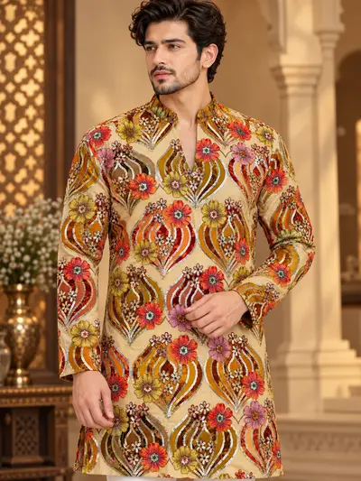 Crape Embroidered Kurta - Beige Floral