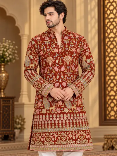 Crape Embroidered Kurta -  Red Floral