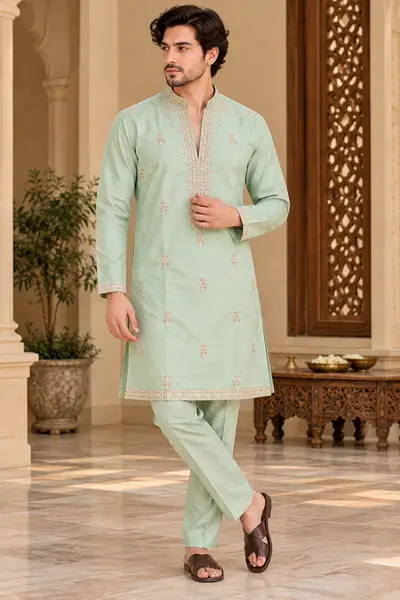 V Neck Embroidered Kurta - Sea Green