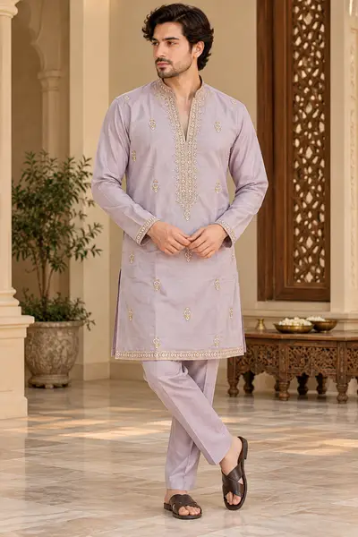 V Neck Embroidered Kurta - Lavender