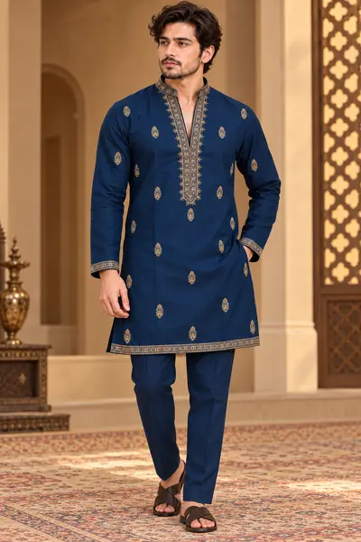 V Neck Embroidered Kurta - Navy Blue