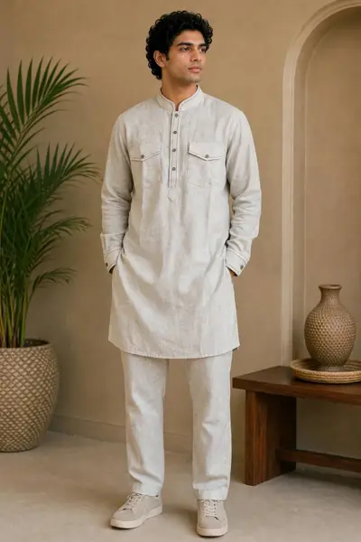 Two Pocket Short Kurta - Blended Linen | Light Grey | Only Kurta